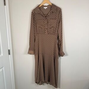 Calista Diamond‎ Print Pattern BOHO 1/4 Button Up Long Sleeve Maxi Dress Medium